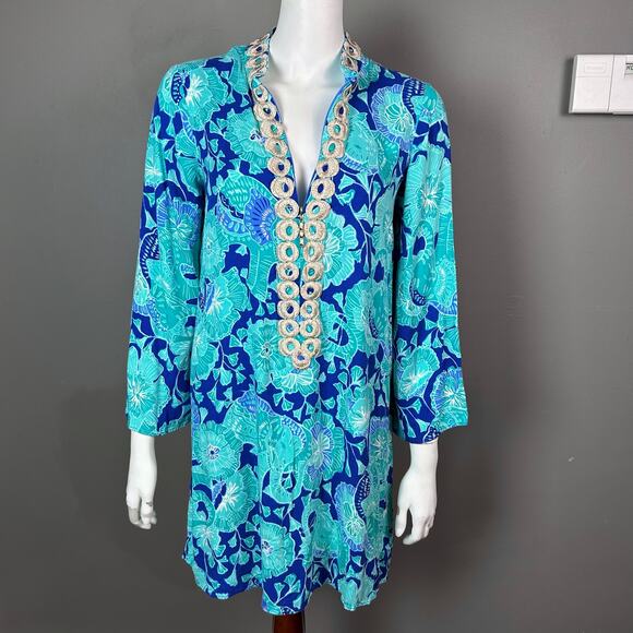 Lilly Pulitzer dress size 8 Gracelynn tunic dress floral Hawaiian gold retro